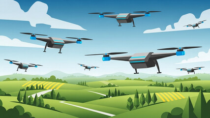 Modern aerial surveillance technology in action, utilizing a fleet of advanced drones for surveillance and monitoring across vast agricultural landscapes, showcasing innovation in remote sensing