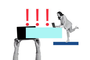 Trend artwork banner sketch 3D photo collage of hiring human resources occupation workspace hand hold laptop aged woman wok remote