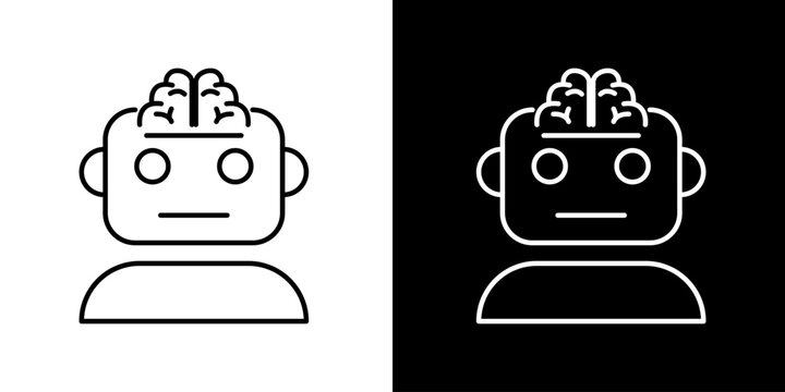 Vector line icon of a robot head with a visible brain, representing artificial intelligence, machine learning, and future technology concepts