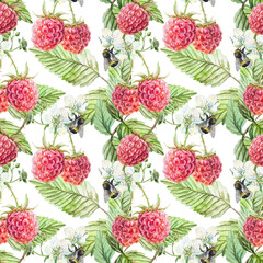 Raspberry branch and bumblebees seamless pattern. Hand drawn watercolor botanical illustration of ripe berries, green leaves and white flowers. Vibrant clip art for wrapping paper and textiles.