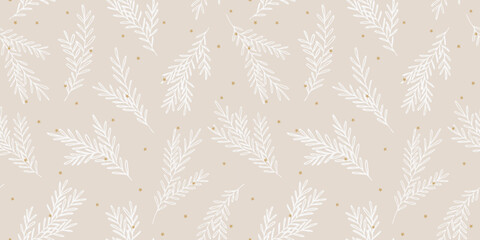 Minimalist christmas seamless pattern with pine branch on beige background