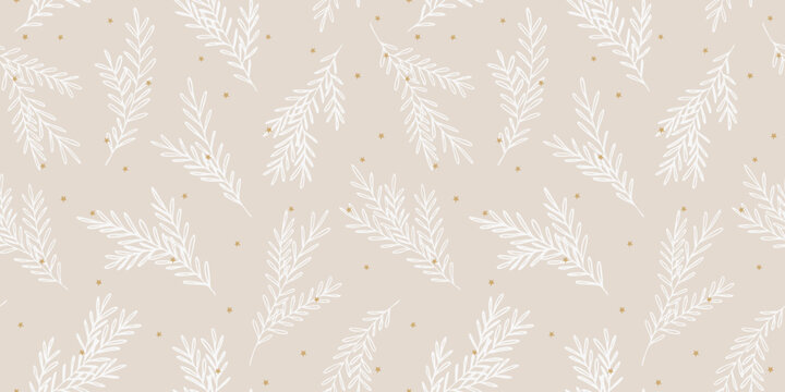 Minimalist christmas seamless pattern with pine branch on beige background