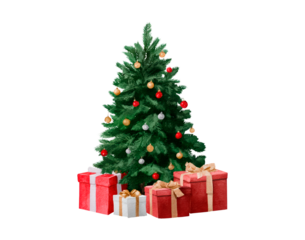 Festive christmas tree with ornaments and wrapped gifts for holiday celebration on transparent background