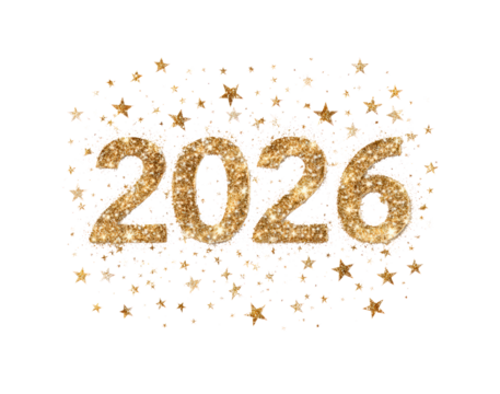 Glittering golden 2026 celebration with stars on transparent background for new year festivities