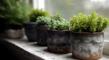 Arrangement of green succulents and herbs in rustic pots on a ill with soft natural light