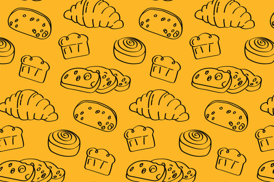 Linear pattern with loaves and croissants for menu design and fabric printing. Hand-drawn bakery pattern with loaves and croissants in a rustic style. Perfect for menu covers, napkin printing
