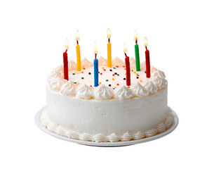 Colorful birthday cake with candles on black background for celebration and party decor