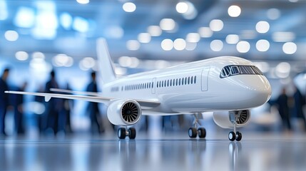Fototapeta premium A stunning airplane model showcased at the Paris Air Show with a blurred audience and vibrant bokeh lights in a sophisticated setting