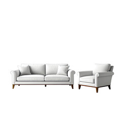 White upholstered sofa and armchair set against a black backdrop