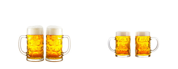 Frothy Beer Mugs on Rustic Table in Oktoberfest Tent