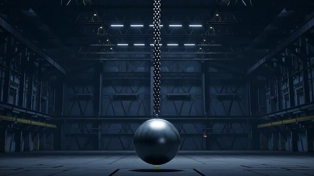 Metal sphere swinging in warehouse space