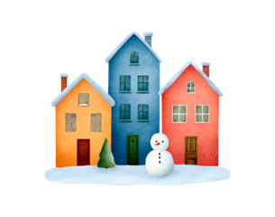 Winter scene with colorful houses and snowman for holiday designs and seasonal decorations