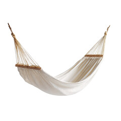 Isolated off-white hammock suspended by ropes, wood supports