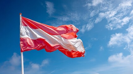 Austria's national flag waving proudly against a backdrop of vibrant blue skies and fluffy clouds on a bright sunny day conveying patriotism