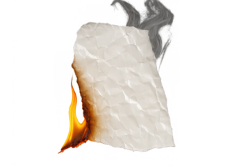 Crumpled old paper burning, showing destruction, data loss, and urgency, with smoke rising on transparent background