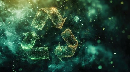 Fototapeta premium A sparkling green recycling symbol surrounded by ethereal smoke, representing sustainability and environmental awareness.
