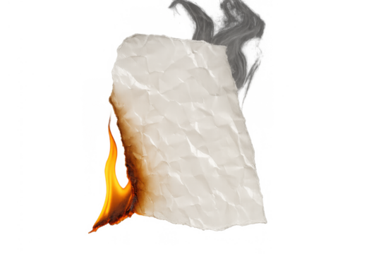 Crumpled old paper burning, showing destruction, data loss, and urgency, with smoke rising on transparent background