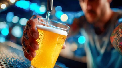 Bartender pouring golden beer into a glass in a lively pub atmosphere - Powered by Adobe