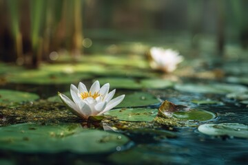 Close-up of Water Lilies and Green Leaves on a Sunlit Pond in a Tranquil Forest
