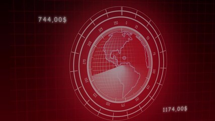 High-tech red radar screen featuring Earth globe and real-time financial data on digital interface. Futuristic Red Digital Globe Radar Interface with Financial Data Display earth. - Powered by Adobe