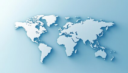 Fototapeta premium A minimalist world map illustration in light tones, highlighting continents without borders, set against a soft blue background.