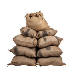 Stacked burlap sacks forming pyramid shape against solid black background