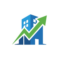 Dynamic real estate growth concept with an upward-pointing green arrow symbolizing success and positive development in property investment and market expansion