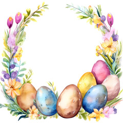 Watercolor illustration of colorful eggs and pretty flowers as a border with a white frame for text, isolated on a white background. Ideal wreath for Easter-themed creations or egg hunt invitations.
