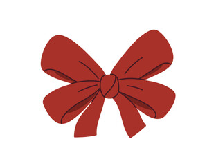 Bow, ribbon knot with decorative folds for holiday gift and present decoration. Ornamental tie, tape. Adornment for elegant festive package decor. Flat vector illustration isolated on white background