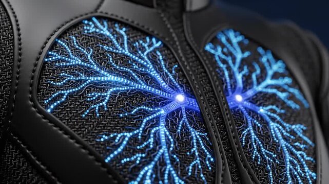 Close Up of High Tech Suit With Glowing Blue Pattern Pulsing