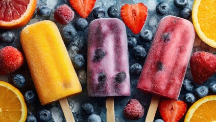 Vibrant Frozen Popsicles with Blueberries, Strawberries, and Oranges on Ice Cream Bar Background