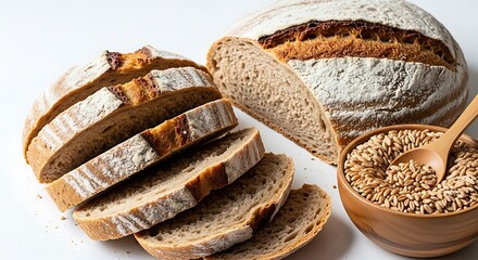 A rustic loaf of artisan sourdough bread, sliced and presented with a wooden bowl filled with wheat grains and a spoon, on a clean white background