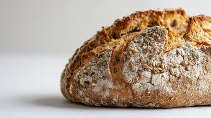 Artisanal whole wheat bread with sesame seeds on a rustic white surface