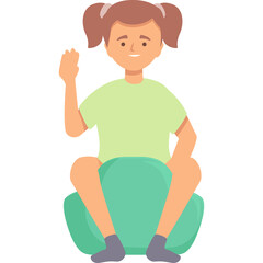 Cartoon illustration of a young girl with pigtails sitting on a green potty wearing a light green t-shirt and grey socks waving happily representing potty training