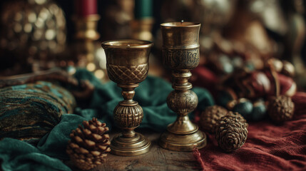 christmas decor in rustic, vintage yet luxury emerald deep tones & brass candlelight aesthetic