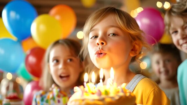 Children celebrating birthday party with balloons and cake, colorful decorations, laughter and happiness, family gathering, childhood joy, festive atmosphere, candid emotions, frie