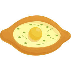 Cartoon illustration of khachapuri georgian cheese bread with egg and herbs on a white background