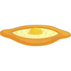 Cartoon illustration of traditional Georgian adjarian khachapuri with golden crust filled with melted cheese and a bright yellow egg yolk centered on a white background
