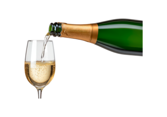 Pouring champagne into glass for celebration or festive occasion on transparent background