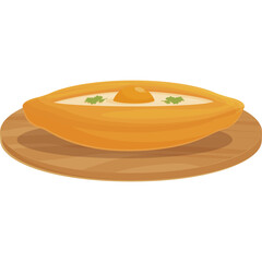 Cartoon Khachapuri Food Icon on Wooden Plate Traditional Georgian Cuisine Breakfast Dish with Golden Egg Yolk and Parsley Sprinkles on Transparent Background