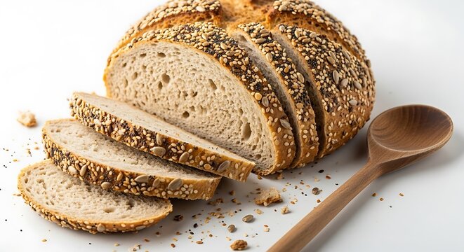 Artisan sourdough bread, sliced and ready to serve, with a wooden spoon on a clean white surface, highlighting its crusty texture and wholesome ingredients for a healthy meal