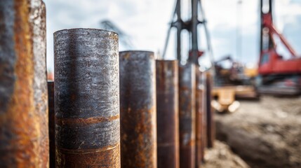 Close-Up of Steel Piles on Construction Site with Blurred Oil Policy Background