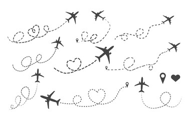 Airplane route svg, Airplane svg, Love dotted line with plane svg, Love airplane route silhouette, Plane route heart path svg, Airplane route silhouette.