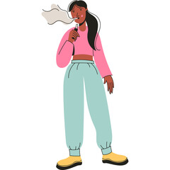 Young Woman In Pink Crop Top And Teal Pants Vaping With Smoke Coming Out Of Her Mouth Against A White Background Full Body Shot