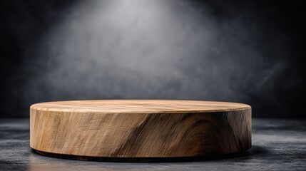 Stunning natural wood circular display podium with dramatic spotlight for product presentation and commercial use