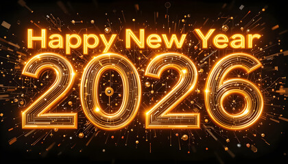 Glowing orange Happy New Year 2026 text with digital circuit background image