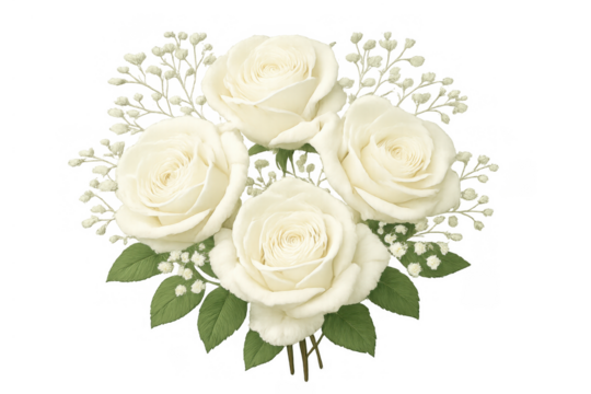 White roses and baby's breath flowers bouquet, symbolizing love, purity, and celebration, isolated on a transparent background