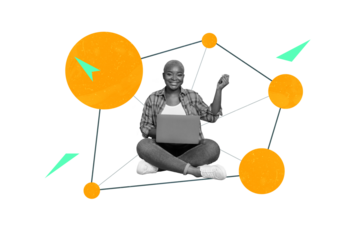 Contemporary poster trend art collage of happy american girl freelancer hold laptop cyberspace development programmer worker