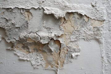 Plaster peeling from flood damage on interior wall, water stains and cracks