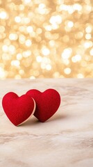 Fototapeta premium Two red wooden hearts on a shimmering golden background, perfect for Valentine's Day celebrations and romantic messages